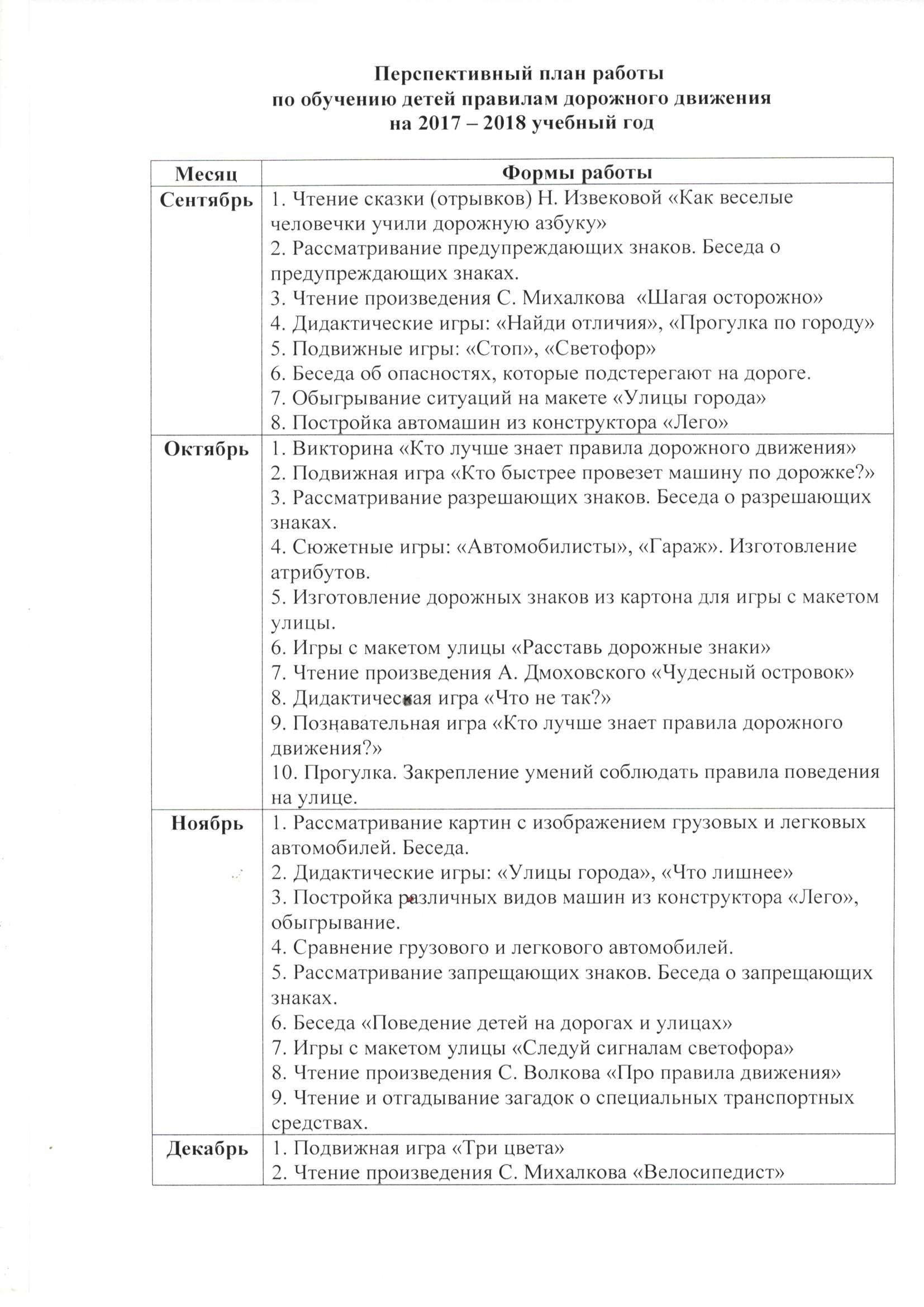 Перспективный план работы  по обучению детей правилам дорожного движения на 2017 – 2018 учебный год 