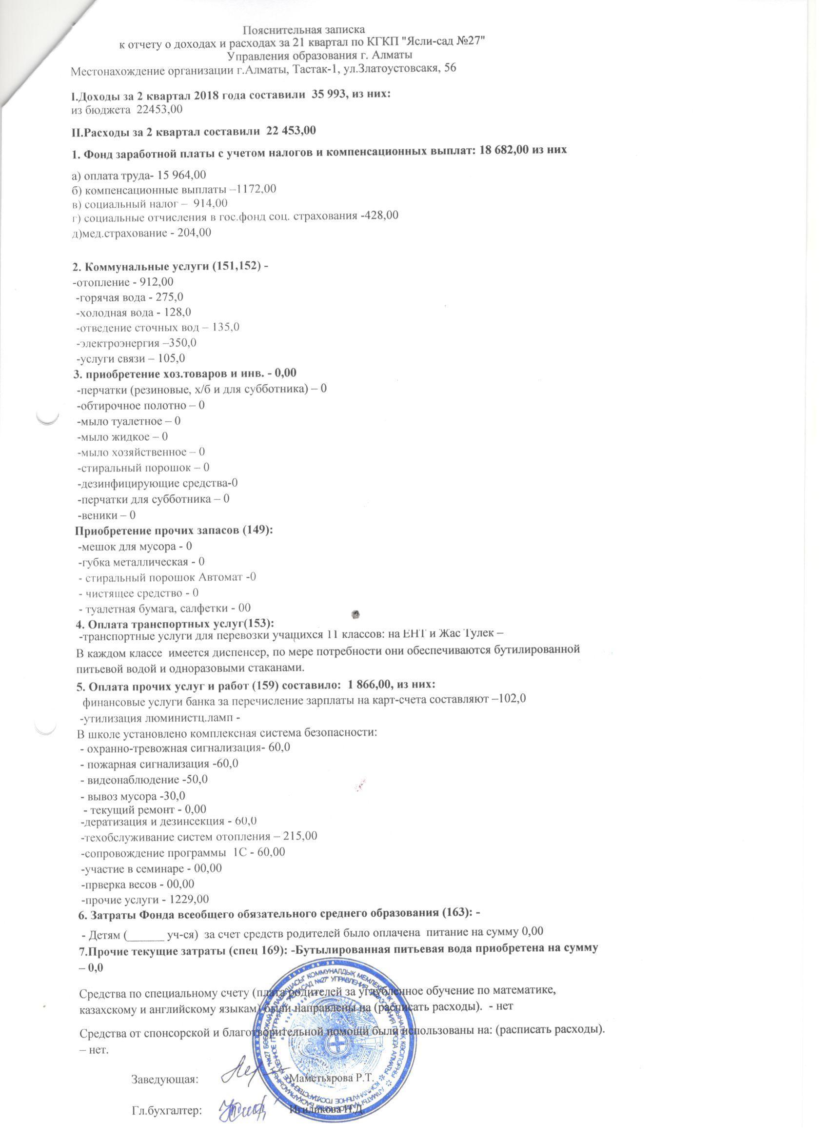 Отчет о доходах и расходах за 2 квартал 2018г.