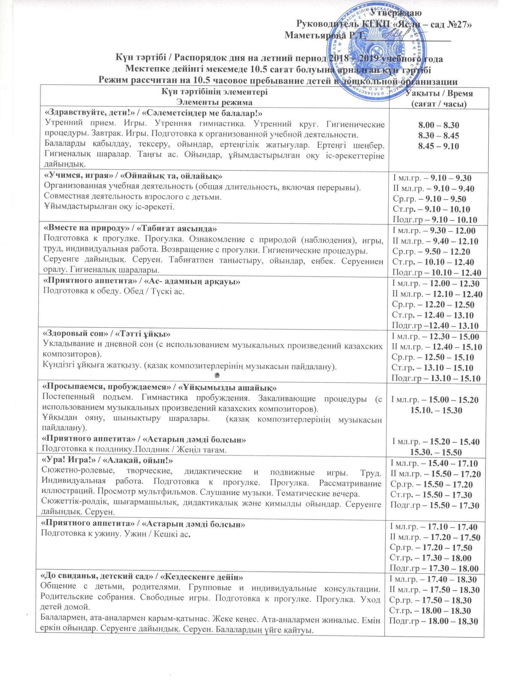 Распорядок дня на летний период