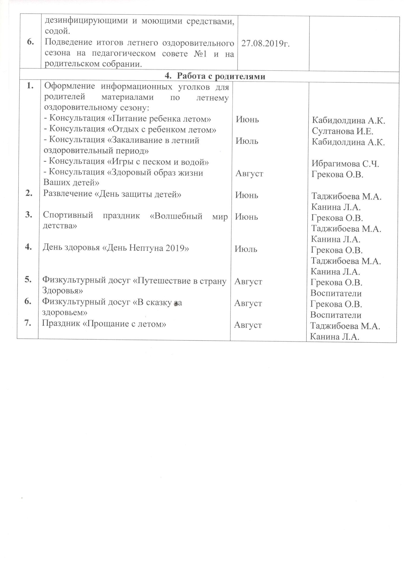 План летних оздоровительных мероприятий на летний период