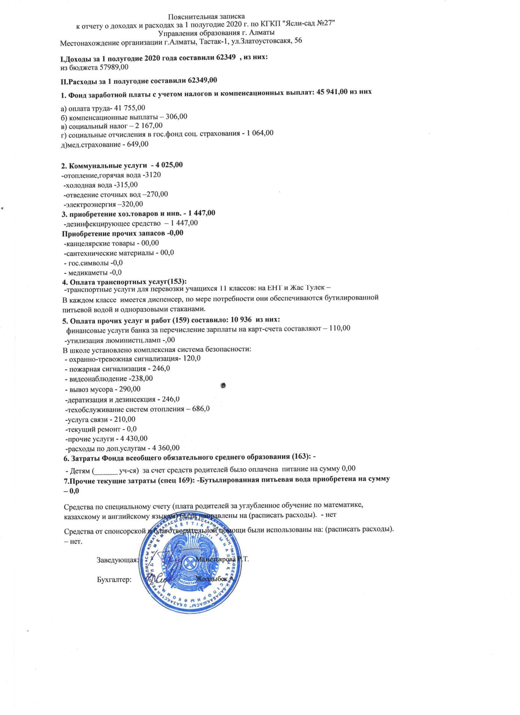 Отчет о доходах и расходах за I полугодие 2020г.
