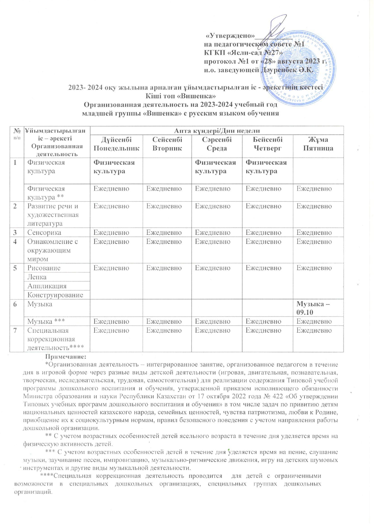 Ұйымдастырылған іс-әрекет кестесі 2023-2024 оқу жылы/Распределение организованной деятельности на 2023-2024 учебный год